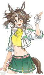 Rule 34 | 1girl, animal ears, arm at side, artist name, belt, blush, breasts, brown hair, cowboy shot, crop top, cropped jacket, fingerless gloves, fur-trimmed jacket, fur trim, gloves, green skirt, highres, horse ears, horse girl, horse tail, jacket, jewelry, kiikanna, looking at viewer, medium hair, mejiro palmer (umamusume), midriff, navel, one eye closed, open mouth, parted bangs, pendant, salute, shirt, simple background, skirt, sleeves pushed up, small breasts, smile, solo, sweat, sweater, tail, turtleneck, turtleneck sweater, umamusume, white background, white gloves, white jacket, yellow shirt