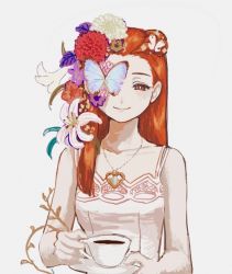 Rule 34 | 1girl, ace attorney, bug, butterfly, butterfly on face, cup, dahlia hawthorne, dress, flower, hair flower, hair ornament, holding, holding cup, insect, jewelry, looking at viewer, necklace, no bangs, one eye covered, orange eyes, orange hair, plant, red hair, renshu usodayo, sleeveless, smile, solo, sundress, teacup, vines, white dress