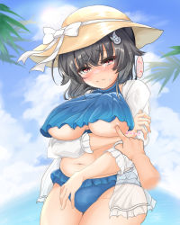Rule 34 | 1girl, 1other, bikini, black hair, blue bikini, breast poke, breasts, commentary request, commission, cowboy shot, disembodied hand, embarrassed, frilled bikini, frills, hair flaps, hair ornament, hair over shoulder, hairclip, highres, jacket, jingei (kancolle), kantai collection, kasashi (kasasi008), large breasts, long hair, midriff, navel, open clothes, open jacket, open mouth, plump, poking, red eyes, skeb commission, swimsuit, underboob, white jacket