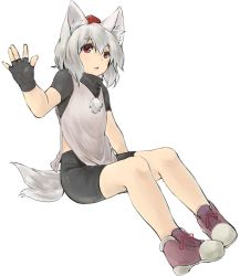 Rule 34 | 1girl, adapted costume, animal ears, bike shorts, black gloves, brown eyes, fingerless gloves, from side, full body, gloves, hair between eyes, hat, inubashiri momiji, looking at viewer, looking to the side, netamaru, pom pom (clothes), shoes, short hair, silver hair, sitting, sneakers, solo, tokin hat, touhou, triangle mouth, undershirt, wolf ears