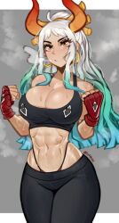 Rule 34 | 1girl, abs, ahoge, alternate costume, aqua hair, breasts, cleavage, clenched hands, closed mouth, cowboy shot, crotch seam, curled horns, earrings, fingerless gloves, gloves, green hair, grey hair, hair ornament, hair stick, hands up, highleg, highleg panties, highres, hoop earrings, horns, jewelry, large breasts, leggings, long hair, looking at viewer, low neckline, multicolored hair, multicolored horns, navel, one piece, oni, orange horns, panties, panty straps, red horns, smile, solo, sports bra, sportswear, steaming body, stomach, sweat, toned, underwear, very long hair, waki (w4kih), yamato (one piece), yellow eyes, yellow horns
