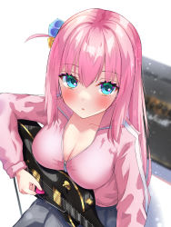 Rule 34 | 1girl, aqua eyes, auroraescientia, blush, bocchi the rock!, breasts, cleavage, collarbone, cube hair ornament, electric guitar, eyelashes, gotoh hitori, grey skirt, guitar, hair ornament, highres, instrument, jacket, large breasts, light particles, long hair, looking at viewer, music, one side up, open clothes, open jacket, partially unzipped, pink hair, pink jacket, playing instrument, skirt, solo, track jacket, white background, zipper
