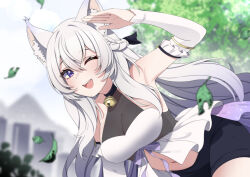 Rule 34 | 1girl, animal ear fluff, animal ears, bell, black ribbon, black shorts, blurry, blurry background, braid, breasts, cleavage, detached sleeves, dress, falling leaves, highres, indie virtual youtuber, large breasts, leaf, long hair, navel, neck bell, one eye closed, open mouth, purple eyes, purple ribbon, ribbon, see-through, see-through cleavage, short dress, shorts, smile, solo, taylink (vtuber), teeth, upper teeth only, valefal coneri, vgen commission, virtual youtuber, white dress, white hair, white sleeves