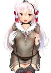 Rule 34 | 10s, 1girl, amatsukaze (kancolle), anger vein, black panties, blush, breasts, brown eyes, choker, covered erect nipples, dress, fang, garter straps, gloves, grabbing, grabbing another&#039;s breast, grabbing own breast, hair tubes, highres, kantai collection, long hair, looking at viewer, navel, nipples, no bra, open mouth, panties, red thighhighs, sailor collar, sailor dress, see-through, shirafuji moka, short dress, side-tie panties, silver hair, single glove, small breasts, solo, striped clothes, striped thighhighs, thighhighs, two side up, underwear, white gloves