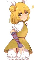 Rule 34 | 1girl, :t, armor, armored dress, blonde hair, bloomers, blush, closed mouth, double bun, dress, from behind, hair bun, hair ribbon, highres, joutouguu mayumi, looking at viewer, looking back, ougi hina, panties, panties under bloomers, red panties, ribbon, short hair, short sleeves, simple background, solo, squiggle, touhou, underwear, vambraces, white background, white ribbon, yellow dress, yellow eyes