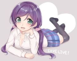 Rule 34 | 10s, 1girl, asa (coco), black thighhighs, blue skirt, breasts, cleavage, copyright name, downblouse, green eyes, grey background, heart, long hair, looking at viewer, love live!, love live! school idol project, lying, medium breasts, on stomach, plaid, plaid skirt, purple hair, skirt, solo, thighhighs, tojo nozomi, twintails