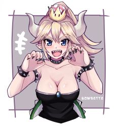Rule 34 | 1girl, blonde hair, blue eyes, blush, bowsette, bracelet, breasts, character name, cleavage, collar, earrings, female focus, highres, horns, jewelry, mario (series), new super mario bros. u deluxe, nintendo, open mouth, pointy ears, ponytail, roku kyuu, sharp teeth, solo, spiked bracelet, spiked collar, spikes, strapless, super crown, teeth