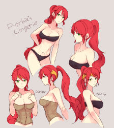 Rule 34 | 1girl, arm behind back, bandeau, bare arms, bare legs, bare shoulders, breasts, character name, cleavage, collarbone, corset, english text, female focus, green eyes, hands on own chest, jewelry, legs, lingerie, long hair, midriff, multiple views, neck, ponytail, pyrrha nikos, red hair, rwby, serious, smile, sora (efr), strapless, tiara, tube top, underwear, underwear only, upper body, variations