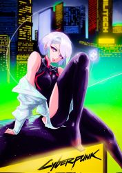 Rule 34 | bare shoulders, bodysuit, breasts, cigxrrs, cyberpunk, cyberpunk (series), cyberpunk edgerunners, highres, jacket, looking at viewer, lucy (cyberpunk), multicolored eyes, multicolored hair, open clothes, open jacket, short shorts, shorts, sitting, smile, thighs