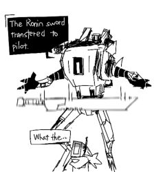 Rule 34 | broadsword (titanfall 2), dropping, english text, falling, greyscale, looking up, mecha, monochrome, motion blur, motion lines, phase shift pilot (titanfall 2), pilot (titanfall 2), robot, ronin (titanfall 2), scarf, simulacrum (titanfall), sketch, speech bubble, splitghost, titanfall (series), titanfall 2, white background