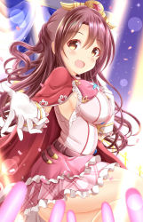 Rule 34 | 1girl, :d, blush, breasts, brown eyes, brown hair, cape, commentary request, frilled skirt, frills, glint, gloves, hair between eyes, hand on own chest, hand up, headpiece, heart, highres, idolmaster, idolmaster cinderella girls, large breasts, layered skirt, long hair, looking at viewer, looking to the side, open mouth, pink skirt, red cape, shimamura uzuki, shirt, sideboob, skirt, smile, solo, standing, standing on one leg, star (symbol), very long hair, white gloves, white shirt, xenon (for achieve)