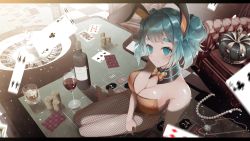 Rule 34 | absurdres, animal ears, aria rin, armada niwaka, blue eyes, blue hair, bow, bowtie, breasts, commission, cup, detached collar, drinking glass, feet on table, fishnet legwear, fishnets, gambling, highres, indie virtual youtuber, jewelry, legs together, leotard, letterboxed, medium breasts, original, playboy bunny, poker chip, rabbit ears, roulette table, short hair, skeb commission, smile, table, thick eyebrows, thick thighs, thighs, traditional bowtie, unworn jewelry, virtual youtuber, wine glass