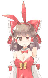Rule 34 | 1girl, adapted costume, animal ears, arnest, blush, bow, breasts, brown eyes, brown hair, cleavage, closed mouth, collarbone, detached sleeves, fake animal ears, hair bow, hair tubes, hakurei reimu, highres, leotard, looking at viewer, medium breasts, playboy bunny, rabbit ears, red bow, red leotard, short hair, sidelocks, simple background, smile, solo, strapless, strapless leotard, touhou, upper body, white background, white sleeves, wide sleeves