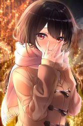 Rule 34 | 1girl, absurdres, black hair, blurry, blurry background, blush, breath, brown coat, christmas, christmas lights, coat, covering own mouth, enpera, highres, long hair, looking at viewer, night, night sky, ooyunomi, open mouth, original, outdoors, pink scarf, red eyes, scarf, sky, solo, steepled fingers, upper body, winter clothes