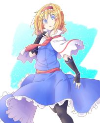 Rule 34 | 1girl, alice margatroid, black gloves, black pantyhose, blonde hair, blue dress, blue eyes, blush, capelet, commentary request, cowboy shot, dondyuruma, dress, elbow gloves, fingerless gloves, gloves, highres, looking at viewer, multicolored background, open mouth, pantyhose, red neckwear, short hair, solo, touhou, two-tone background