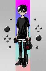 Rule 34 | 1boy, antenna hair, arms at sides, bandaged arm, bandages, black cat, black eyes, black hair, black shirt, black thighhighs, cat, child, collarbone, commentary request, expressionless, eyepatch, film grain, full body, grey background, handheld game console, headphones, highres, holding, holding handheld game console, holding headphones, looking at viewer, male focus, medical eyepatch, nintendo switch, no shoes, omori, one eye covered, push-button, shirt, short hair, short sleeves, shorts, simple background, solo, standing, straight-on, striped clothes, striped shorts, sunny (omori), t-shirt, thighhighs, toastytoast, unworn headphones, white shorts