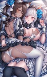 Rule 34 | 2girls, animal ear fluff, ass, grabbing another&#039;s breast, breasts, butt crack, dark-skinned female, dark skin, destiny child, garter straps, girl on top, grabbing, highres, large breasts, looking at viewer, multiple girls, nipples, panties, pantyhose, serket (destiny child), snm (sunimi), sytry (destiny child), thighhighs, underwear, white panties, white thighhighs, yuri