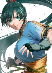 Rule 34 | 1girl, breasts, clenched teeth, delsaber, dress, earrings, fighting stance, fingerless gloves, fire emblem, fire emblem: the blazing blade, gloves, green eyes, green hair, high ponytail, highres, holding, holding sword, holding weapon, jewelry, katana, large breasts, long hair, looking at viewer, lyn (fire emblem), nintendo, open mouth, ponytail, scratches, simple background, solo, sword, teeth, very long hair, weapon, white background
