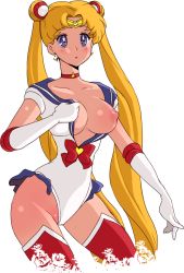 Rule 34 | 1girl, bishoujo senshi sailor moon, blonde hair, blue eyes, blush, boots, breasts, breasts out, choker, circlet, collarbone, cowboy shot, double bun, earrings, elbow gloves, female focus, gloves, hair bun, heart, highleg, highleg leotard, inusen, jewelry, leotard, long hair, looking at viewer, medium breasts, nipples, no bra, one breast out, open mouth, red footwear, solo, thigh boots, thighhighs, toei animation, transparent background, tsukino usagi, twintails, very long hair, white gloves, white leotard