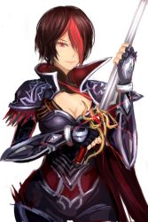 Rule 34 | 1girl, 442348892, alternate costume, annnna, armor, black hair, breastplate, breasts, cape, cleavage, cleavage cutout, clothing cutout, cowboy shot, fingerless gloves, fiora (league of legends), gem, glint, gloves, hair over one eye, holding, holding weapon, league of legends, light smile, looking at viewer, multicolored hair, nightraven fiora, pauldrons, red eyes, red hair, short hair, shoulder armor, simple background, smile, solo, sword, two-tone hair, vambraces, weapon, white background