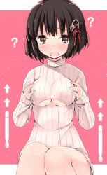 10s 1girl ? black_hair blush breast_hold breasts brown_eyes female_focus haguro_(kancolle) kantai_collection large_breasts looking_at_viewer meme_attire open_mouth refeia ribbed_sweater short_hair simple_background solo sweater tears turtleneck underboob