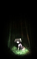 Rule 34 | 1girl, animal ears, bamboo, black background, black hair, closed mouth, commentary request, dress, floppy ears, full body, grass, highres, inaba tewi, looking at viewer, nekonekosan (kemushima3), pink dress, puffy short sleeves, puffy sleeves, rabbit ears, red eyes, short hair, short sleeves, solo, squatting, touhou
