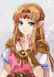 Rule 34 | 1girl, armor, blonde hair, blue eyes, breasts, circlet, collarbone, dress, earrings, grey background, index finger raised, jewelry, konoha2014, lips, long hair, looking at viewer, necklace, nintendo, parted bangs, pearl necklace, pointy ears, princess zelda, short sleeves, shoulder armor, sidelocks, small breasts, smile, solo, straight hair, super smash bros., the legend of zelda, the legend of zelda: a link between worlds, triforce, upper body, vambraces