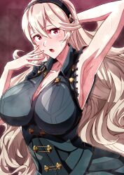 Rule 34 | 1girl, absurdres, armpits, black shirt, blush, breasts, cleavage, corrin (female) (fire emblem), corrin (fire emblem), fire emblem, fire emblem fates, hair between eyes, hairband, highres, large breasts, long hair, looking at viewer, nintendo, open mouth, pointy ears, red eyes, shirt, sideboob, sleeveless, sleeveless shirt, solo, sweat, to (tototo tk), white hair