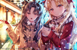 Rule 34 | 2girls, absurdres, bag, blonde hair, blurry, blurry background, bow, brown bow, brown coat, brown hair, brown scarf, cellphone, closed mouth, coat, coffee cup, commentary request, cup, depth of field, disposable cup, duffel coat, earrings, ereshkigal (fate), fate/grand order, fate (series), fingernails, fringe trim, hair bow, head tilt, highres, holding, holding cup, holding phone, hoop earrings, ishtar (fate), ishtar (fate), jewelry, junpaku karen, long hair, multiple girls, open mouth, paper bag, phone, pixiv id, plaid, plaid scarf, red bow, red coat, red eyes, scarf, shopping bag, smile, tiara, two side up, upper body, very long hair