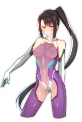 Rule 34 | 00s, 10s, 1girl, adapted costume, alternate costume, bare shoulders, black hair, blush, bodysuit, breasts, covered erect nipples, covered navel, cropped legs, elbow gloves, female focus, gloves, highres, kantai collection, long hair, looking at viewer, medium breasts, nachi (kancolle), navel, neon trim, nipples, open mouth, ponytail, purple bodysuit, red eyes, see-through, see-through bodysuit, side ponytail, simple background, smile, solo, standing, taimanin (series), taimanin asagi, taimanin suit, uyu (keyakinoki), very long hair