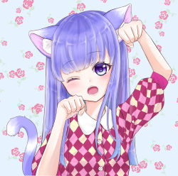 Rule 34 | 1girl, :3, :d, ;), animal crossing, animal ears, argyle, argyle clothes, argyle dress, arms up, bare arms, bare shoulders, blush, breasts, cat, cat ears, cat girl, cat tail, character name, closed eyes, closed mouth, commentary request, dress, fingerless gloves, fingernails, flower-shaped hair, gloves, hair between eyes, hair ornament, hand on own chest, hand on own hip, head tilt, high heels, highres, leaning forward, looking at viewer, medium breasts, multicolored clothes, multicolored dress, multiple views, nintendo, one eye closed, open mouth, pencil dress, personification, photoshop (medium), pumps, rosie (animal crossing), sleeveless, sleeveless dress, slit pupils, smile, star (symbol), star hair ornament, tail, too co 7020, upper body, waving