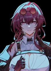 Rule 34 | 1girl, absurdres, black background, black jacket, breasts, chest harness, cleavage, eyewear on head, gloves, harness, highres, honkai: star rail, honkai (series), jacket, kafka (honkai: star rail), kongbai huanxiang, large breasts, long hair, looking at viewer, pink gloves, purple eyes, purple gloves, purple hair, round eyewear, shirt, single-shoulder shirt, solo, sunglasses