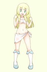 Rule 34 | 10s, 1girl, blonde hair, blunt bangs, braid, breasts, collarbone, creatures (company), female focus, full body, game freak, green eyes, highres, lillie (pokemon), long hair, navel, nintendo, no panties, pokemon, pokemon (anime), pokemon sm (anime), sarong, see-through, small breasts, solo, standing, tof, underboob