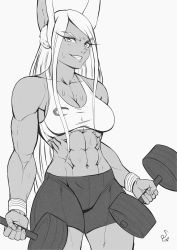 Rule 34 | 1girl, abs, absurdres, alternate costume, animal ear fluff, animal ears, bike shorts, blush, boku no hero academia, breasts, cleavage, collarbone, cowboy shot, crescent print, dark-skinned female, dark skin, dumbbell, exercising, from side, greyscale, grin, highres, long eyelashes, long hair, looking at viewer, medium breasts, mirko, monochrome, muscular, muscular female, outline, parted bangs, rabbit ears, sidelocks, signature, simple background, smile, solo, speedl00ver, sports bra, sweat, sweatdrop, thick thighs, thighs, toned, tsurime, very long hair, weightlifting, white background, wristband