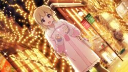 Rule 34 | 1girl, 22/7, 22/7 ongaku no jikan, architecture, backpack, bag, black thighhighs, blonde hair, blurry, building, christmas, christmas lights, christmas ornaments, cloud, coat, cowboy shot, depth of field, dutch angle, fujima sakura, game cg, hair ornament, highres, lamppost, lens flare, long hair, long sleeves, looking at hands, night, non-web source, official art, one side up, open mouth, outdoors, pink coat, purple eyes, road, shoulder bag, sidelocks, single hair ring, smile, solo, sparkle, standing, street, string of light bulbs, teeth, thighhighs, tree, upper teeth only, white bag, window