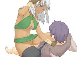 Rule 34 | 1boy, 1girl, adjusting hair, armlet, bare shoulders, barefoot, belt, black belt, black thighhighs, bmp-to-png conversion, bottomless, breasts, brown eyes, brown gloves, brown tunic, censored, cleavage, cowgirl position, dark-skinned female, dark elf, dark skin, elf, game cg, girl on top, gloves, green skirt, hetero, ishinoyari, lona (mon-musu quest!), long hair, long sleeves, looking at another, luka (mon-musu quest!), medium breasts, mon-musu quest!, mosaic censoring, navel, no panties, non-web source, o-ring, o-ring bottom, o-ring top, panties, parted lips, pointy ears, purple hair, sex, shirt, short hair, simple background, single thighhigh, skirt, smile, straddling, thighhighs, transparent background, underboob, underwear, vaginal, white hair, white shirt, wrist wrap