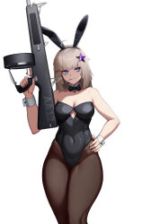 Rule 34 | 1girl, aa-12, aa-12 (girls&#039; frontline), ahoge, animal ears, automatic shotgun, black leotard, blonde hair, blue eyes, breasts, candy, cero (last2stage), cleavage, combat shotgun, commission, covered navel, detached collar, fake animal ears, food, food in mouth, girls&#039; frontline, gun, hair ornament, hand on own hip, hand up, highres, holding, holding weapon, leotard, lollipop, long hair, medium breasts, pantyhose, playboy bunny, rabbit ears, shotgun, smile, solo, star (symbol), star hair ornament, thick thighs, thighs, trigger discipline, weapon