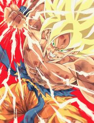 Rule 34 | 1boy, abs, arm up, baggy pants, biceps, blonde hair, blue sash, blue wristband, bruise, bure (fantasticyouth7), clenched hand, clenched teeth, collarbone, commentary request, dragon ball, dragon ball super, energy, glowing, glowing hair, green eyes, highres, incoming attack, incoming punch, injury, looking at viewer, male focus, muscular, muscular male, orange pants, pants, pectorals, punching, red background, sash, scratches, simple background, solo, son goku, spiked hair, teeth, topless male, torn clothes, ultra instinct, v-shaped eyebrows, wristband
