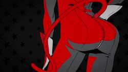 Rule 34 | 1girl, abstract background, animated, ass, ass focus, ass shake, black background, bodysuit, gloves, hand on own hip, persona, persona 5, red bodysuit, solo, stitched, tail, takamaki anne, third-party edit
