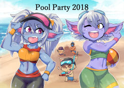 Rule 34 | 2girls, 3boys, ball, beach, beachball, blue skin, collarbone, colored skin, fang, goggles, goggles on head, highres, league of legends, long hair, looking at another, midriff, multiple boys, multiple girls, navel, ocean, one eye closed, open mouth, pointy ears, poppy (league of legends), purple eyes, purple skin, short hair, shorts, silver hair, sky, sleeveless, smile, standing, sweatband, teemo, teeth, tongue, tristana, twintails, upper teeth only, visor cap, yellow eyes, yordle, zei-minarai