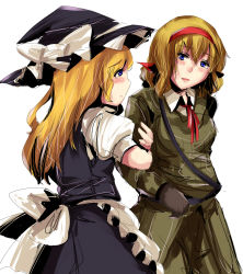 Rule 34 | 00s, 2girls, arm grab, holding another&#039;s arm, axis powers hetalia, belgium (hetalia), blonde hair, crossover, gloves, hat, highres, kirisame marisa, long hair, magukappu, military, military uniform, multiple girls, short hair, touhou, uniform, witch, witch hat