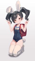Rule 34 | 1girl, absurdres, animal ears, arms up, backpack, bag, black hair, blue one-piece swimsuit, brown eyes, covered navel, double v, expressionless, fake animal ears, fake tail, highres, lilithmy, lilithmy 404, long hair, looking at viewer, name tag, no shoes, old school swimsuit, one-piece swimsuit, original, playboy bunny swimsuit, rabbit ears, rabbit tail, school swimsuit, seiza, sitting, solo, swimsuit, tail, thighhighs, thighs, twintails, v, white thighhighs