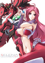 Rule 34 | 1girl, ahoge, breasts, character name, elma, gesterben kai, haganef, highres, large breasts, long hair, mecha, navel, outstretched arm, pink hair, purple eyes, robot, selena recital, simple background, smile, super robot wars, super robot wars og dark prison, super robot wars original generation, white background