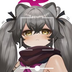 Rule 34 | 1girl, :&lt;, afterimage, animal ears, bare shoulders, black ribbon, blue archive, blush, brown eyes, brown scarf, closed mouth, commentary request, dokomon, ear wiggle, grey hair, hair between eyes, hair ribbon, halo, highres, korean commentary, long hair, looking at viewer, michiru (blue archive), motion lines, ribbon, scarf, shirt, short eyebrows, simple background, sleeveless, sleeveless shirt, solo, sweat, thick eyebrows, twintails, upper body, very long hair, viewfinder, white background, white shirt