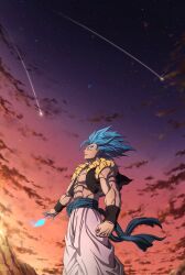 Rule 34 | 1boy, abs, absurdres, blue eyes, blue hair, clenched hand, dragon ball, dragon ball super, dragon ball super broly, gogeta, highres, looking up, male focus, metamoran vest, mocky art, muscular, muscular male, shooting star, sky, smile, solo, star (sky), starry sky, sunset, super saiyan, super saiyan blue