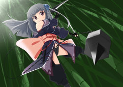 Rule 34 | 1girl, absurdres, bamboo, bamboo forest, black panties, chain, female focus, forest, grey hair, highres, kagotama, kusarigama, long hair, nature, original, outdoors, panties, plant, sickle, solo, underwear, weapon