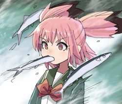 Rule 34 | 1girl, blush, brown hair, colored tips, commentary request, fish, fish in mouth, food in mouth, fur trim, green jacket, hair between eyes, jacket, kantai collection, kunashiri (kancolle), long hair, long sleeves, mizoki kei, motion lines, multicolored hair, open mouth, orange eyes, pink hair, saury, school uniform, short hair, skirt, two-tone hair, two side up, upper body