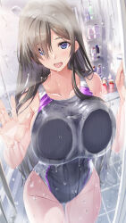 Rule 34 | 1girl, :d, against glass, black one-piece swimsuit, blue eyes, bottle, breast press, breasts, breasts on glass, collarbone, commentary request, competition swimsuit, condensation, cowboy shot, daidou (demitasse), dripping, grey hair, groin, hair over one eye, hands up, highleg, highleg swimsuit, highres, indoors, large breasts, light blush, long hair, one-piece swimsuit, open mouth, original, revision, ribbed swimsuit, shower (place), shower head, sideboob, smile, soap bottle, solo, standing, straight hair, swimsuit, thigh gap, thighs, very long hair, water drop, wet, wet clothes, wet swimsuit