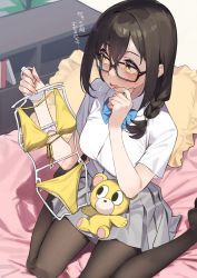 Rule 34 | 1girl, 92m, absurdres, bed, bikini, black-framed eyewear, black pantyhose, blue bow, blue bowtie, blush, bow, bowtie, braid, brown hair, button gap, commentary request, glasses, grey skirt, hair between eyes, highres, kakita (92m), long hair, looking to the side, on bed, open mouth, original, pantyhose, pillow, pleated skirt, school uniform, shirt, short sleeves, sitting, skirt, solo, stuffed animal, stuffed toy, sweatdrop, swimsuit, teddy bear, translated, white shirt, yellow bikini, yellow eyes