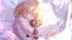 Rule 34 | 1girl, :3, alternate costume, arknights, blonde hair, closed eyes, closed mouth, commentary, death-ying, durin (arknights), highres, lying, medium hair, hugging object, on side, pajamas, pink pajamas, pointy ears, sleeping, sleeves past wrists, solo, stuffed animal, stuffed toy, teddy bear, upper body, wide sleeves